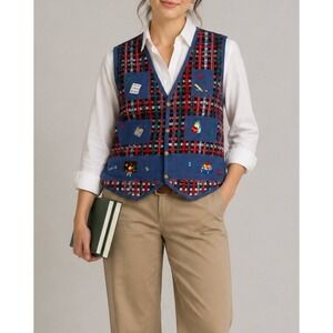 Vtg Casey & Max Women XL Teacher Vest Plaid Embroider School Books Apple Navy XL
